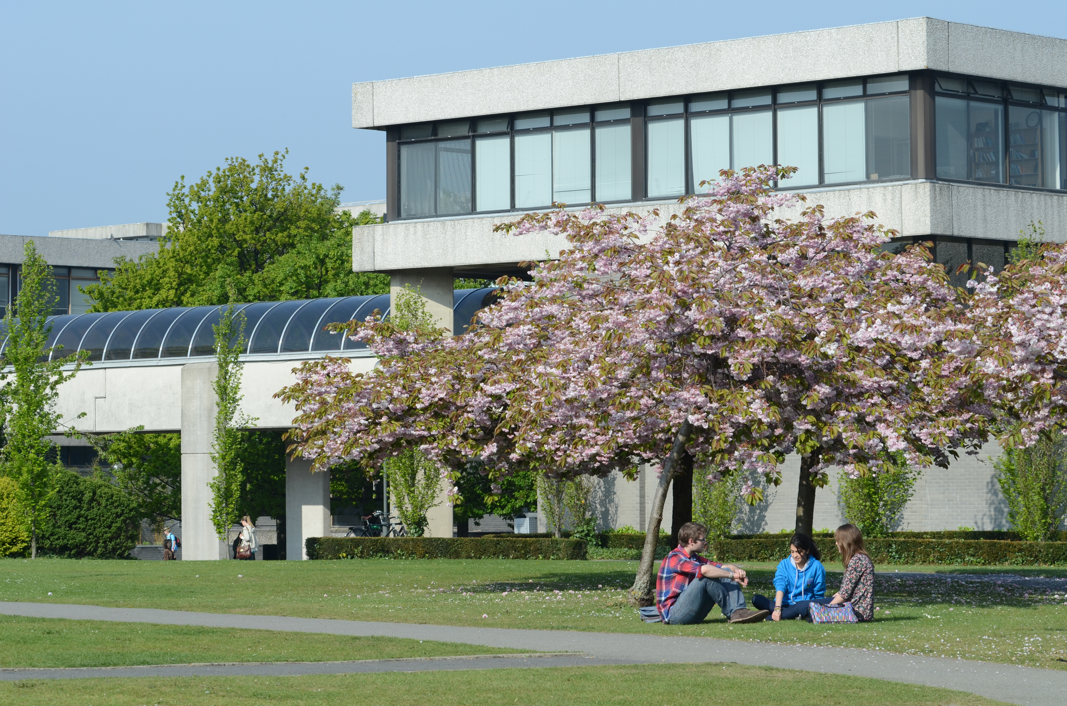 Photo of a building and students